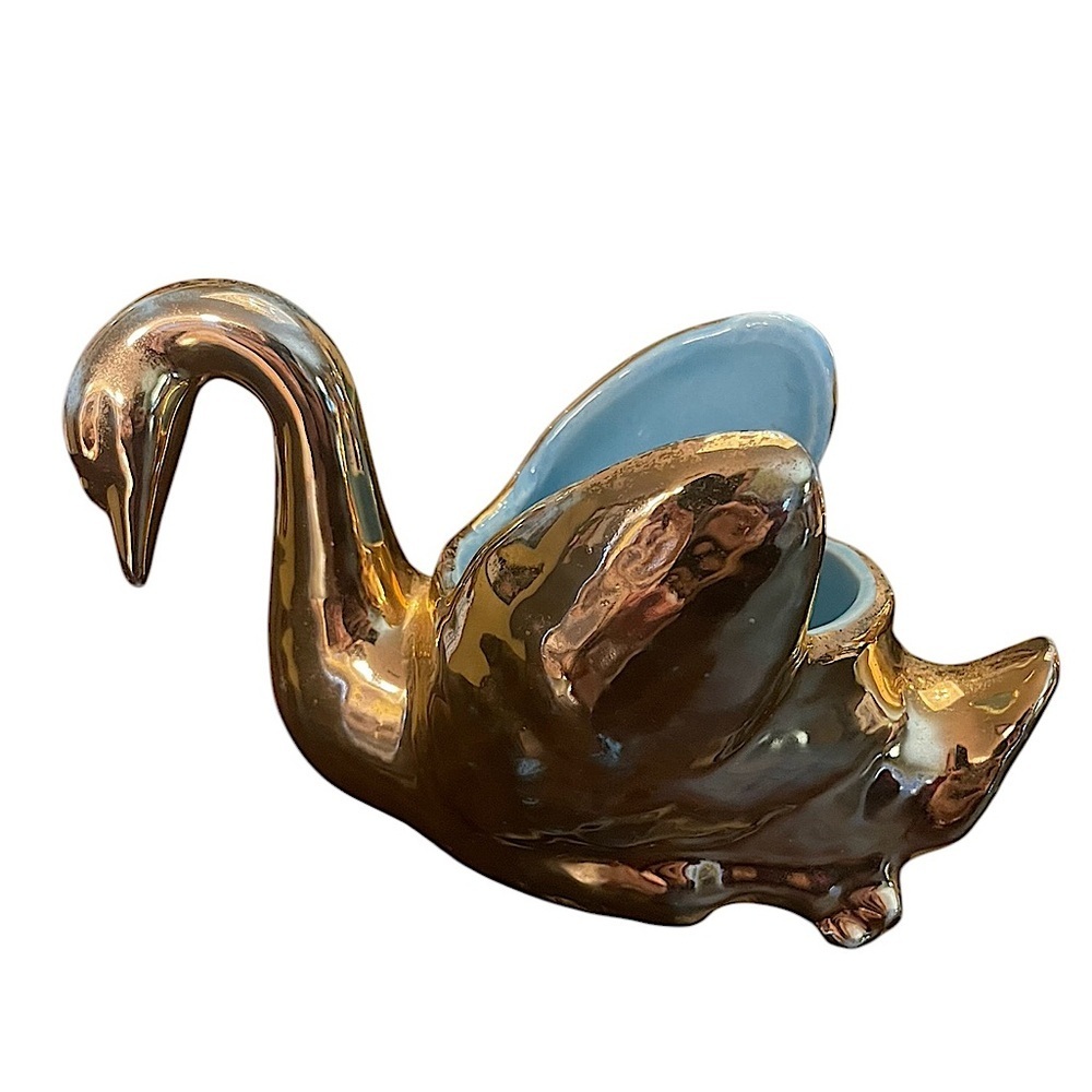 1950s Vintage Gold & Aqua Swan Jewelry Holder Planter Vase MCM Retro
